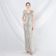 Elegant Craft Beaded Sequined Long A line Evening Dress