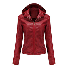 Women's Detachable Hat Hooded Fleece-Lined Leather Jacket