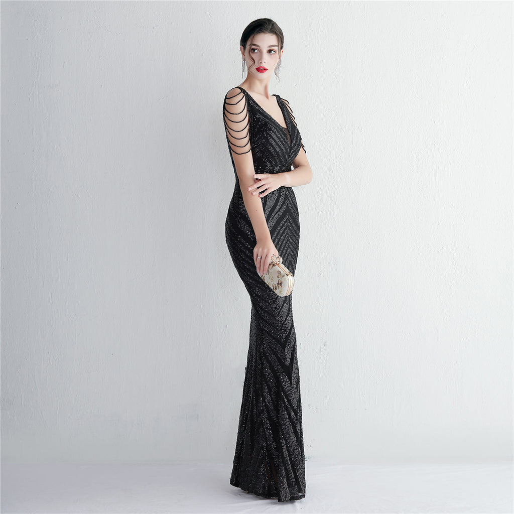 REVCHIC LUXE Elegant V-Neck Sequin Fringe Maxi Gown