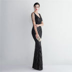 REVCHIC LUXE Elegant V-Neck Sequin Fringe Maxi Gown
