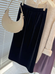 Back Slit Fleece Korean Casual Mid Length Velvet Skirt