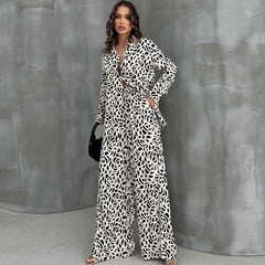 Leopard Print Loose Ice Silk Long Sleeve Pajamas Two Piece Set