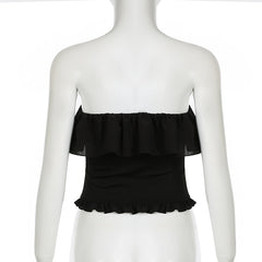 Black Ruffled Stitching Off Neck Tube Top