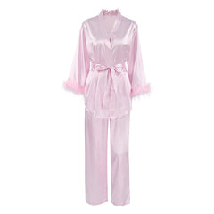 Autumn Pink Artificial Silk Feather Pajamas Two Piece Sets