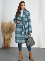 Retro Gradient Color Double Breasted Mid Length Plaid Coat