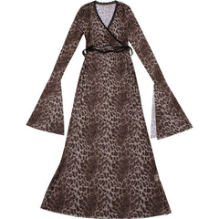 Women Leopard Print Mesh Lace Sexy Long Sleeves Party Dress