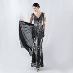 Elegant V-Neck Floral Sequin with Cloak Craft Beading Evening Dress