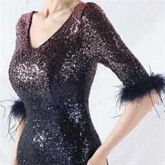 Elegant Feather Gradient Sequin Long Sleeve Evening Dress