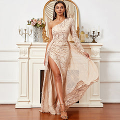 Long Sleeve One Shoulder Evening Dress