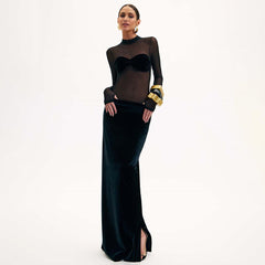 Black Long Sleeve Mesh Velvet Stitching Formal Dress