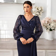 Women Sequined Satin V neck Long Sleeve Evening Gown