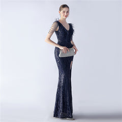 Elegant Feather Beaded Long Sequined Evening Dress