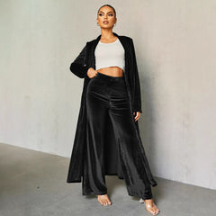 Women Gold Velvet Slim Trousers Cloak Two Piece Set