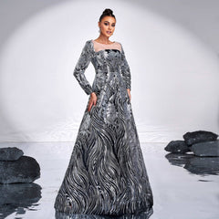 Long Sleeved Round Neck Sequined Evening Dress