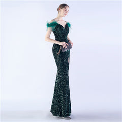 Elegant  Ostrich Feather Sequined Long Evening Dress