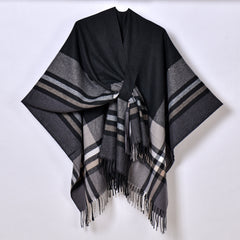 Color Striped Strap Jacquard Warm Tassel Shawl