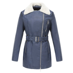 Long Sleeved Fleece Leather Double Headed Zipper Coat With Belt