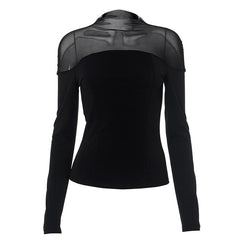 Women Mesh Mock Neck Slim Long Sleeve Top