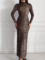 Long Sleeve Leopard Print Stand Collar Formal Dress