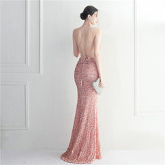 Elegant Velvet Bottom Sequin Halter Evening Dress