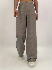 Women High Waist Plaid Printed Wide Leg Pants