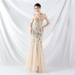 Beaded Stitching Mesh Sequined Evening Dress