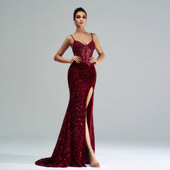 Elegant Cutout Boning Sequined Evening Dress