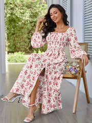 Summer Romantic Square Collar Long Sleeve Slit Floral Dress