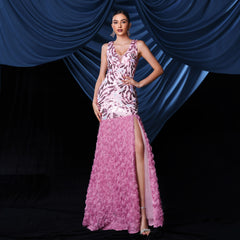 Elegant V neck Sequined Fishtail Evening Dress