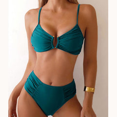 Solid Color Pleated High Waist Sexy Bikini