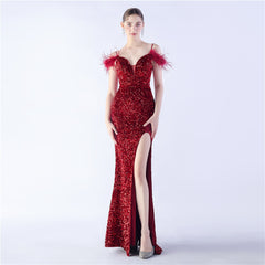 Elegant  Ostrich Feather Sequined Long Evening Dress