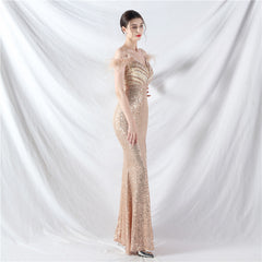 Elegant Ostrich Feather Sequin Evening Dress