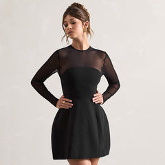 Women Mesh Stitching Black Short Day Dress