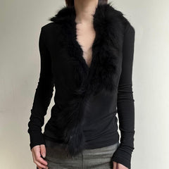 Elegant Fur Collar Stitching Black Sweater Top