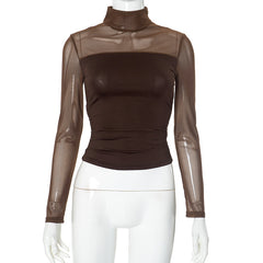 Women Turtleneck Mesh Long Sleeve See through Short Top