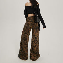 Retro Loose Leopard Print Wide Leg Jeans