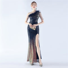 Elegant Gradient Sequin Beaded Feather Evening Dress