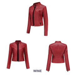 Women Rivets Leather Short Thin Stand Collar Jacket