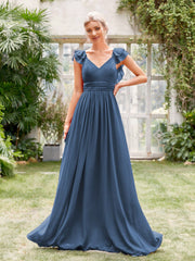 Long V neck Backless Chiffon Evening Dress