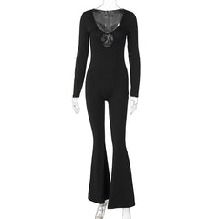 Women Long Sleeve Cutout V Neck Black Jumpsuit