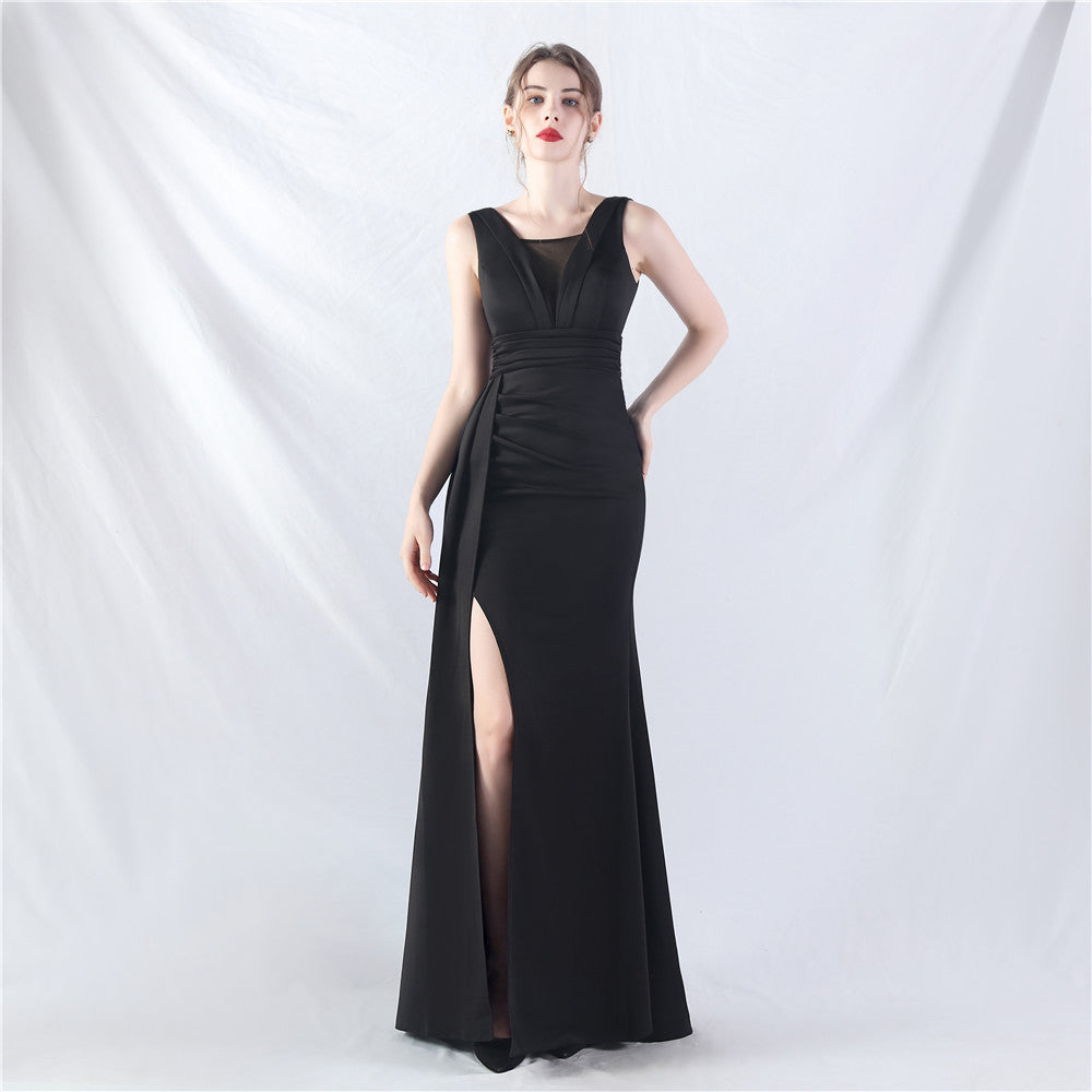 Elegant Folding Slit Satin Evening Dress