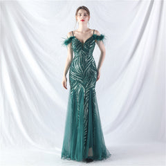 Craft Order Ostrich Hair Sequin Stitching Mesh High End Evening Dress