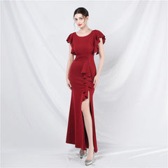 Elegant V-Neck Ruffle Short Sleeve Formal Dress