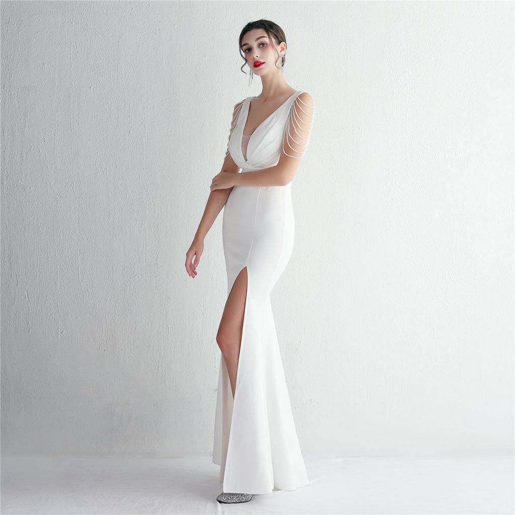 REVCHIC LUXE Elegant V-Neck Beaded Satin Maxi Gown