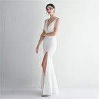 REVCHIC LUXE Elegant V-Neck Beaded Satin Maxi Gown