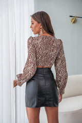 Leopard Print V neck Long Sleeve Tied Top