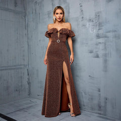 Off Shoulder 3D Decoration Ruffle Slit Evening Dress