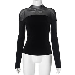 Women Mesh Mock Neck Slim Long Sleeve Top