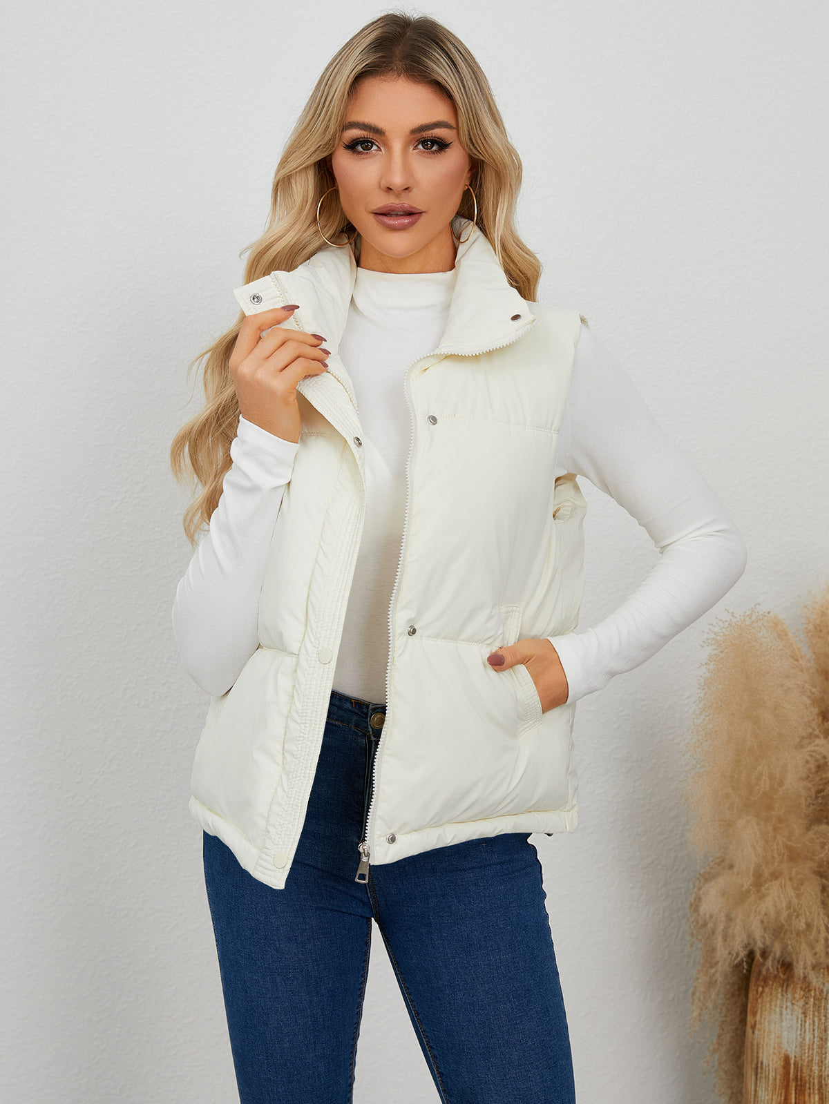 Women Autumn Winter Short Quilted Stand Collar Vest