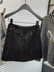 Black Shiny Crystal Sequin Short Skirt